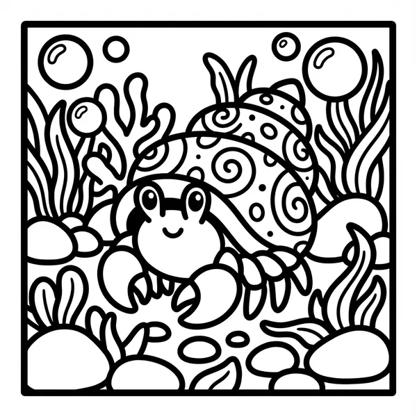 Adorable hermit crab with a spiral patterned shell, peeking out among seagrass, rocks, and bubbles.