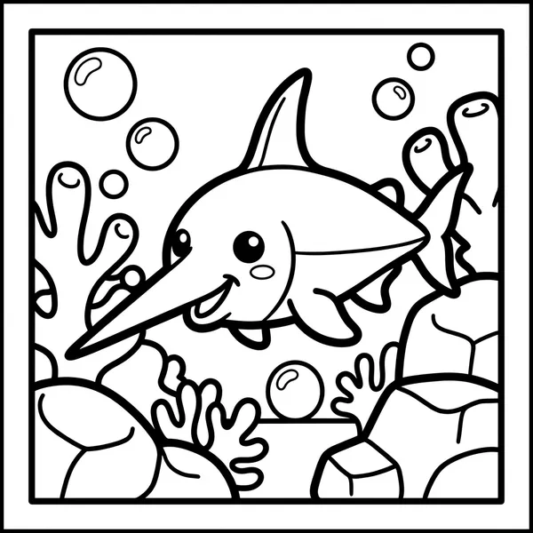 Adorable swordfish swimming through bubbles.