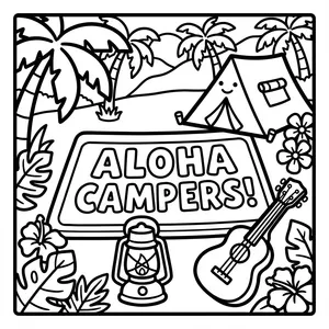 A rectangular sign reading "ALOHA CAMPERS!" in bubble letters, set next to a smiling tent, a ukulele, a lantern, and palm trees.