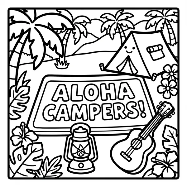 A rectangular sign reading "ALOHA CAMPERS!" in bubble letters, set next to a smiling tent, a ukulele, a lantern, and palm trees.