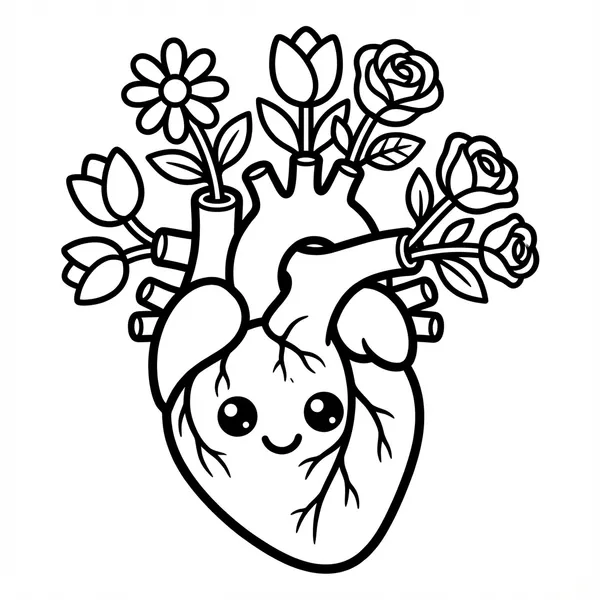 Cute anatomical heart with flowers blooming from it.