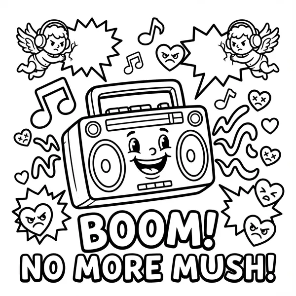 Retro cartoon boombox blasting music with angry cupids in headphones labeled BOOM! NO MORE MUSH!.