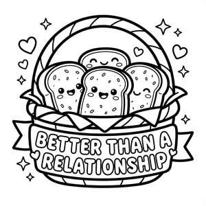 Kawaii coloring page of a basket filled with happy toast slices and a banner reading BETTER THAN A RELATIONSHIP.