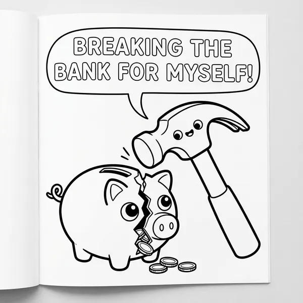 Kawaii hammer cracking open a cute piggy bank full of coins with speech bubble reading BREAKING THE BANK FOR MYSELF!.