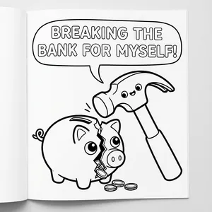 Kawaii hammer cracking open a cute piggy bank full of coins with speech bubble reading BREAKING THE BANK FOR MYSELF!.