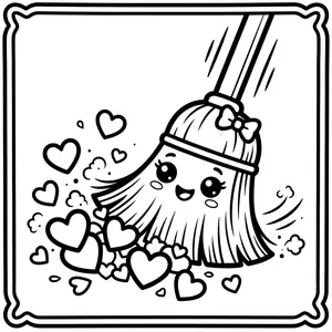 Kawaii broom wearing a bow sweeping a pile of hearts away for Anti-Valentine's Day.