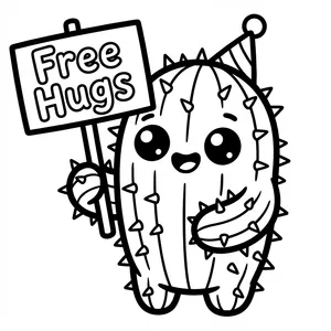 Funny Anti-Valentine's Day coloring page featuring a cute prickly cactus wearing a party hat and holding a Free Hugs sign.