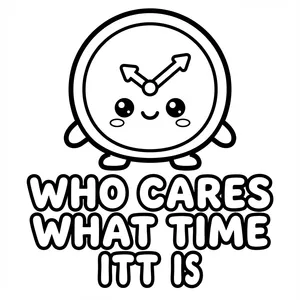 Kawaii clock character standing above text reading WHO CARES WHAT TIME IT IS.