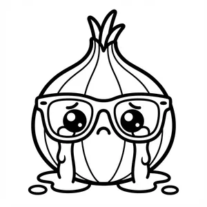Kawaii onion wearing glasses crying big tears for Anti-Valentine's Day coloring sheet.