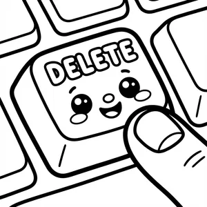 Close up kawaii delete key on a keyboard with a happy face being pressed by a finger.