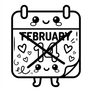 Kawaii calendar character with February 14 crossed out with a big black X for Anti-Valentine's Day coloring.