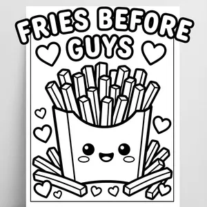 Kawaii french fries container with a smiling face surrounded by hearts and text reading FRIES BEFORE GUYS.