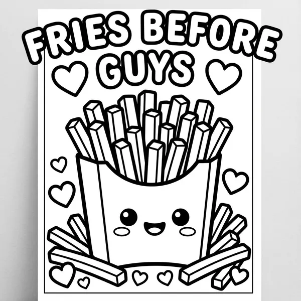 Kawaii french fries container with a smiling face surrounded by hearts and text reading FRIES BEFORE GUYS.