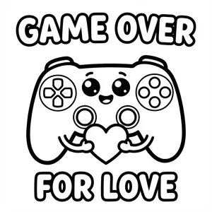 Kawaii gaming controller holding a heart with text reading GAME OVER FOR LOVE.