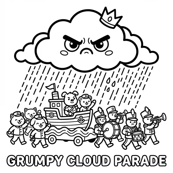 Cute cartoon coloring page featuring an angry storm cloud wearing a crown raining over a marching animal parade labeled GRUMPY CLOUD PARADE.