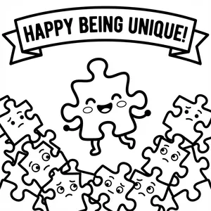 Kawaii puzzle piece character jumping happily above sad puzzle pieces with a banner reading HAPPY BEING UNIQUE!.