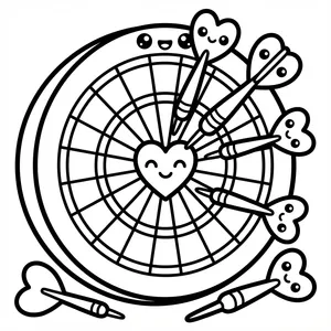 Kawaii dartboard with heart-shaped darts hitting the bullseye for Anti-Valentine's Day coloring.