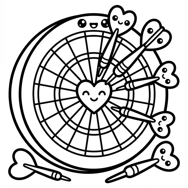Kawaii dartboard with heart-shaped darts hitting the bullseye for Anti-Valentine's Day coloring.