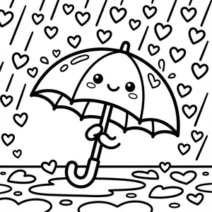 Cute kawaii umbrella character holding itself up against a rainstorm of falling hearts for Anti-Valentine's Day.