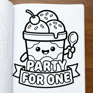 Kawaii ice cream sundae tub character holding a spoon with a banner reading PARTY FOR ONE.