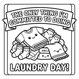 Kawaii pile of clothes and socks with smiling faces under text THE ONLY THING IM COMMITTED TO DOING LAUNDRY DAY!.