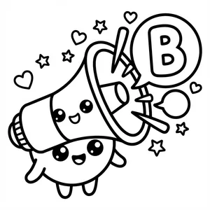 Kawaii megaphone character shouting out loud surrounded by stars and hearts for Anti-Valentine coloring.