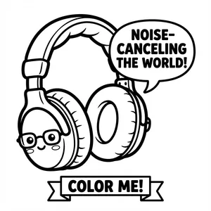 Kawaii over-ear headphones with glasses and a speech bubble reading NOISE-CANCELING THE WORLD!.