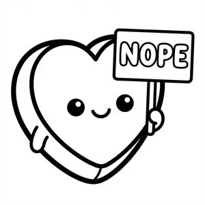 Simple kawaii heart character holding up a sign that reads NOPE for Anti-Valentine's Day coloring.