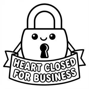 Kawaii padlock character with keyhole holding a banner reading HEART CLOSED FOR BUSINESS.