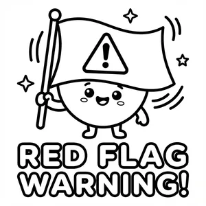 Kawaii character waving a warning flag labeled RED FLAG WARNING! for Anti-Valentine's Day coloring.