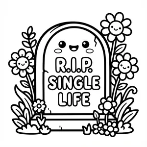Cute kawaii tombstone coloring page with happy flowers labeled R.I.P. SINGLE LIFE.