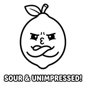 Kawaii lemon character with arms crossed and grumpy face labeled SOUR & UNIMPRESSED coloring page.