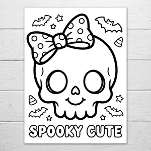 Cute kawaii skull wearing a polka dot bow surrounded by bats with text reading SPOOKY CUTE.