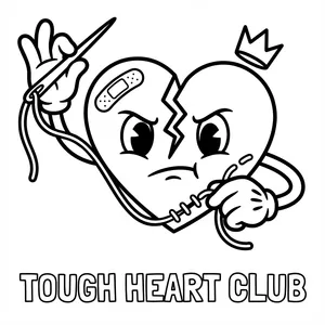 Retro cartoon coloring page of an angry broken heart with a band-aid stitching itself together with needle and thread under the text TOUGH HEART CLUB.
