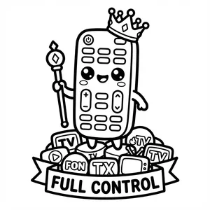 Kawaii TV remote control wearing a crown holding a scepter over TV screens with a banner reading FULL CONTROL.