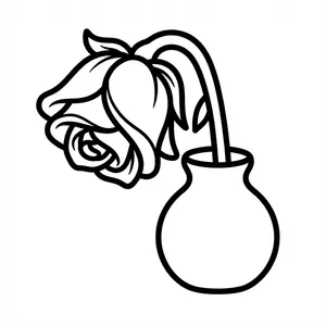 Simple black and white line art of a single wilted rose drooping inside a ceramic vase.