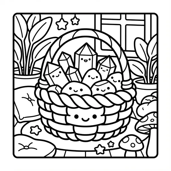 A basket filled with smiling crystals and rocks.