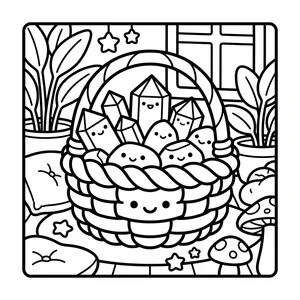 A basket filled with smiling crystals and rocks.