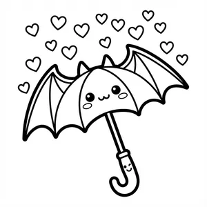 Bat-winged umbrella surrounded by hearts.