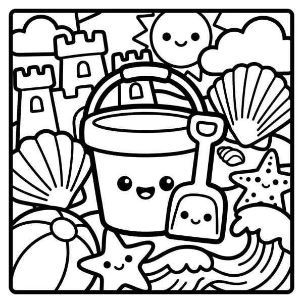 Smiling beach bucket and shovel surrounded by shells and a castle.