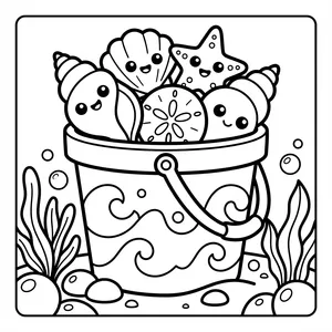 Smiling beach bucket with shells.