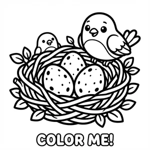 Cute mother bird perching on a twig nest with three speckled eggs and a peeking chick line art coloring page.
