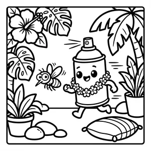 A cartoon bug spray can with a happy face and a floral lei running away from a distressed mosquito, with a pillow and potted plants nearby.