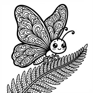Cute smiling butterfly with intricate swirl pattern wings perching on a fern leaf line art coloring page.