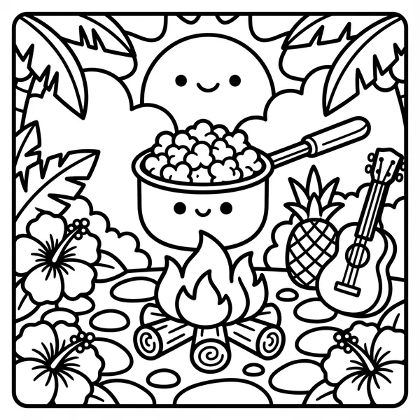 A pot of bubbly stew over a campfire, with a cute face on the pot, surrounded by a smiling sun, pineapple, hibiscus, and a ukulele.