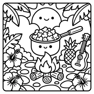 A pot of bubbly stew over a campfire, with a cute face on the pot, surrounded by a smiling sun, pineapple, hibiscus, and a ukulele.