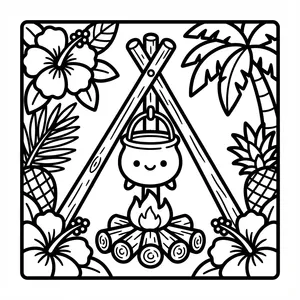 A cooking pot hanging from a wooden tripod over a burning campfire, with a cute face on the pot, surrounded by pineapples and flowers.