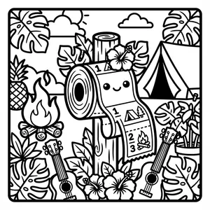 A roll of paper calendar featuring camping dates and icons, with a smiley face on the roll, surrounded by a tent, campfire, pineapples, and ukuleles.