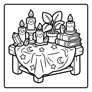 Candle altar with crystals and books.