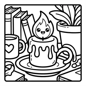 Smiling candle on a stack of books.